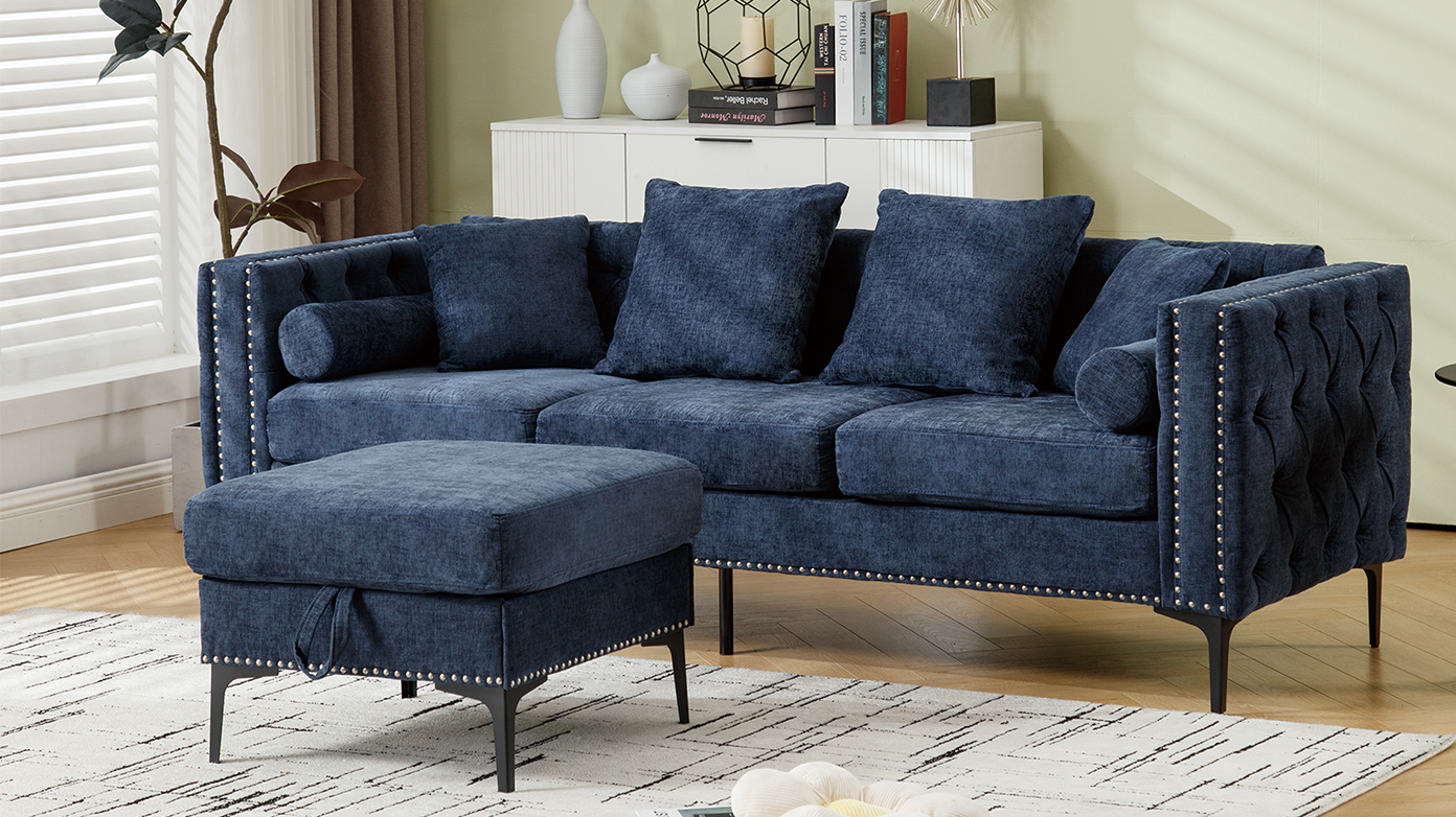 L Shaped Sectional Sofa , Convertible Storage Ottoman,Chenille ,Square