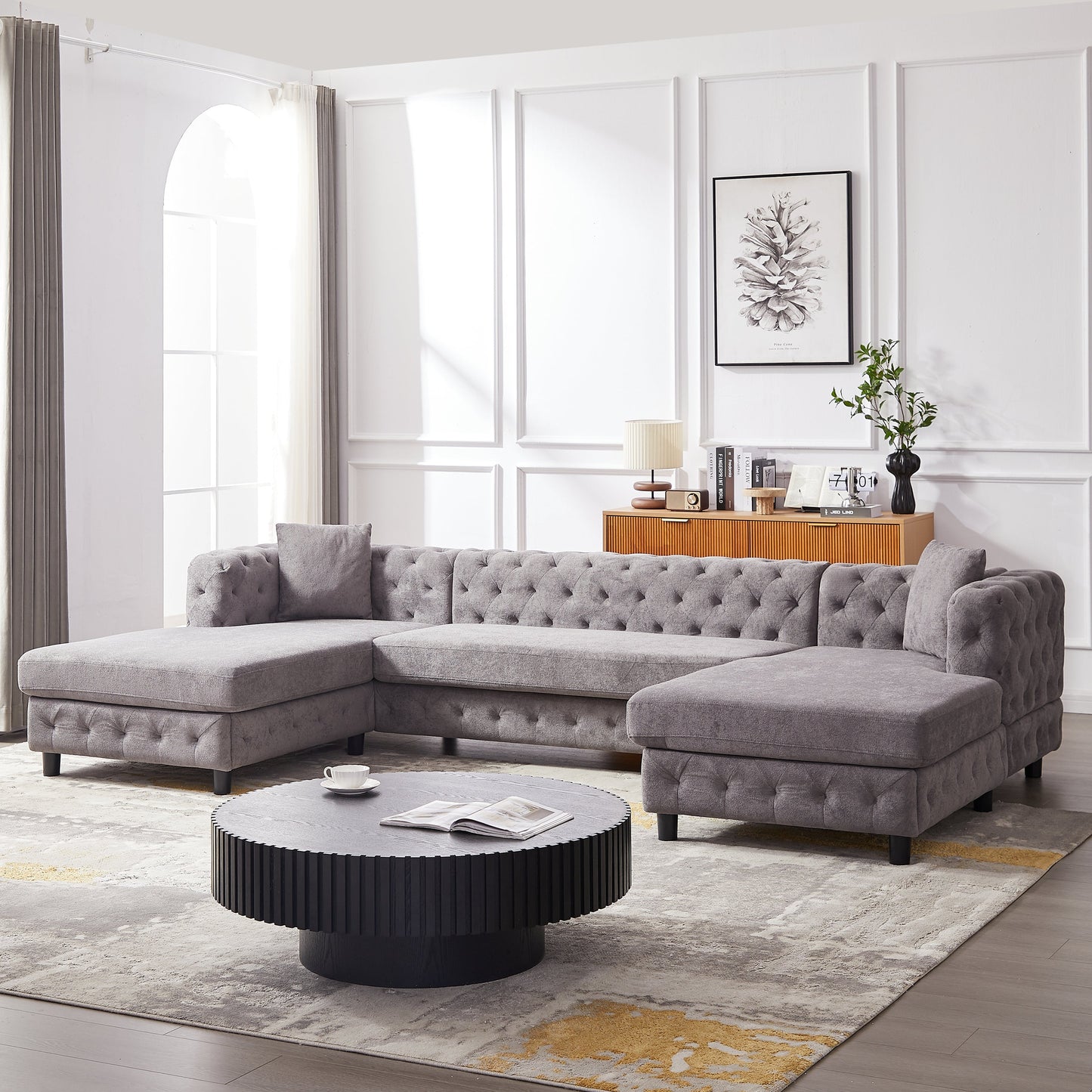 126-inch Modern Style Chenille Three Piece Sofa, Pull Point Design